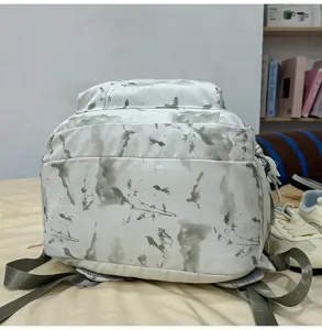 Back view of a school backpack featuring a traditional Chinese ink wash landscape print