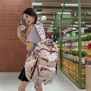 Stylish Japanese style backpack with red landscape pattern and plush bear charm