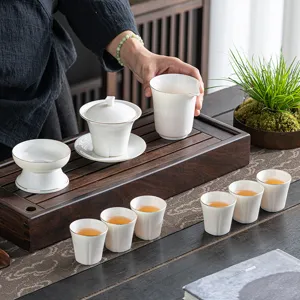Dehua White Porcelain Suet Jade Kung Fu Tea Set With Gift Box Gold Rim Gaiwan Tea Cups Gongdao Cup Tea Strainer High-Grade Chinese Tea Set For Home Office