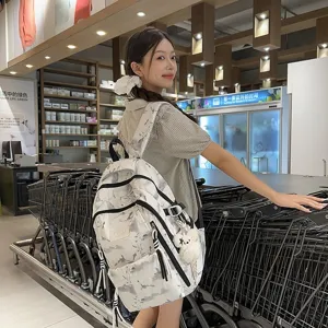 Korean style minimalist student backpack with white camouflage pattern on model
