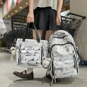 Matching student backpack and tote bag set featuring an elegant gray landscape ink print