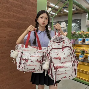 Korean style school backpack and tote bag set with red landscape pattern for students