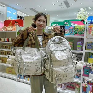 Stylish white backpack and tote bag with grey landscape print for school students