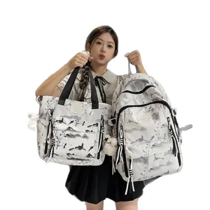 Minimalist Korean style student backpack and tote bag set with ink wash landscape print