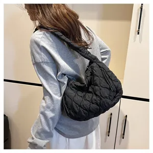 Casual black quilted cloud bag, stylish wrinkled design, large capacity tote shoulder bag.