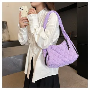 Purple quilted cloud shoulder bag, stylish casual tote bag for women daily commuting.