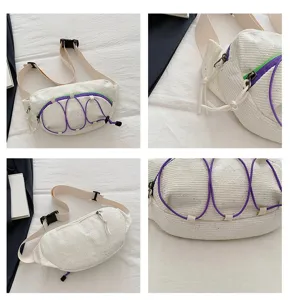 Detail shots of a white corduroy sporty waist bag with purple bungee cord accents