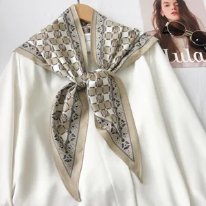 Κομψό καρό μεταξωτό μαντήλι twill για γυναίκες σε ουδέτερους μπεζ και καφέ τόνους