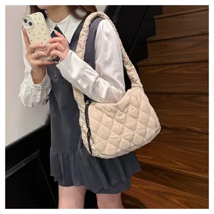Women autumn winter quilted cloud bag casual versatile pleated shoulder tote crossbody bag.