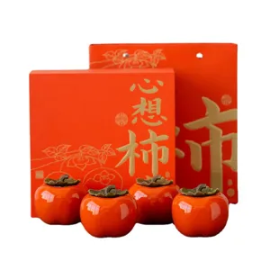 Coffret de 4 boîtes à thé en céramique en forme de kaki avec emballage cadeau orange luxe