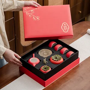Persimmon-themed ceramic tea set with teapot, 4 cups, and tray in a red gift box