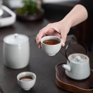 Minimalistisches japanisches Keramik-Teeservice mit Teekanne, Tassen und einer Teedose