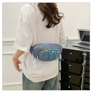 Sporty blue patterned waist bag shown from a back-view perspective on a model