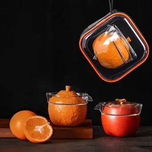 Servizio da Tè da Viaggio Portatile in Ceramica e Vetro Forma di Cachi e Arancia Teiera e Tazzine Con Custodia con Cerniera Regali
