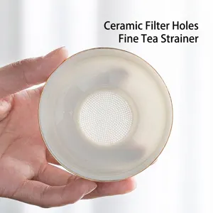 Hand holding a Dehua white porcelain tea strainer with fine ceramic filter holes