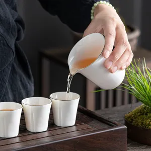 Elegant Dehua suet jade white porcelain tea set with gold rim for Gongfu tea ceremony