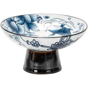 Assiette à collation élégante en porcelaine bleue et blanche à pied élevé avec motif poisson