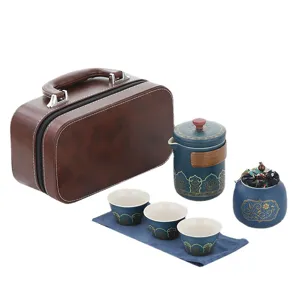 Service à thé de voyage portable en céramique avec théière, trois tasses et étui en cuir