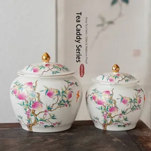 Boîte à Thé en Céramique de Style Chinois Motif Pêche Couvercle Doré Pot de Conservation Hermétique en Porcelaine Déco