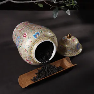 Contenitore per tè vintage in ceramica floreale con coperchio e paletta in legno