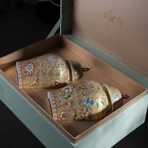 Lussuosa coppia di barattoli da tè in ceramica decorata in una scatola regalo premium