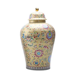 Contenitore per tè vintage in ceramica gialla con decori floreali, vaso classico
