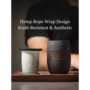 Matte ceramic tea cup with infuser filter and rope-wrapped anti-scald design