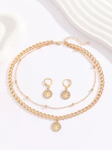Gold double layer necklace and earrings set with crystal tree of life pendant for women.