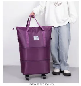 Vista dettagliata della borsa da viaggio espandibile con rotelle e grande capacità di carico.