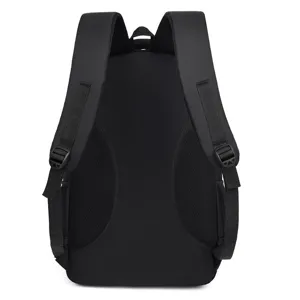 Ergonomic back view of a large black laptop backpack with padded breathable shoulder straps.