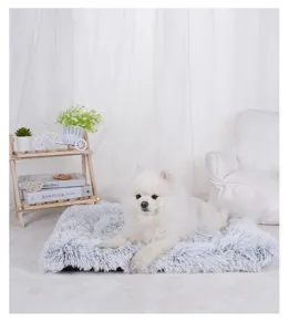 Comfortable long plush rectangular pet bed mat for cats and dogs in a cozy home setting