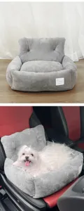 Grey plush car pet bed detail, comfortable portable dog sofa and travel safety seat for pets.