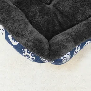 Soft arctic velvet pet bed with cartoon pattern, warm winter cushion for cats and dogs