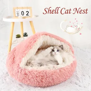 Lit pour Animaux en Peluche Longue Maison de Chat Chaude en Forme de Coquillage Lit Rond Lavable pour Petits Chiens Nid de Sommeil Hiver