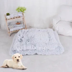 Soft plush long-hair square pet bed mat for dogs and cats in elegant light grey color