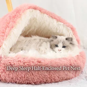 Lit douillet rose pour chat et petit chien en peluche longue semi-fermé, chaud hiver.