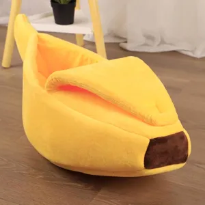 Creative banana shaped semi-enclosed plush pet bed for cats and small dogs, yellow color
