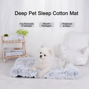 Soft grey long plush rectangular pet mat bed for dogs and cats with warm fluffy cushioning