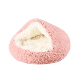 Panier rond et doux en peluche pour chat, idéal pour la chaleur hivernale en rose