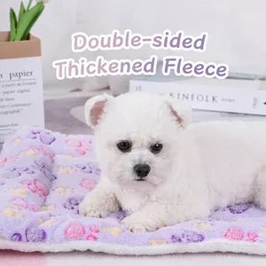 Thickened purple plush pet blanket with colorful paw prints for cozy dog and cat sleep