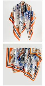 Detailed view of large square scarf with retro floral and belt print patterns.