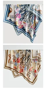 Elegant vintage silk square scarf featuring luxurious floral and horse belt pattern print