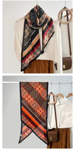 Detailed view of two stylish retro pattern faux silk scarves styled with white shirts