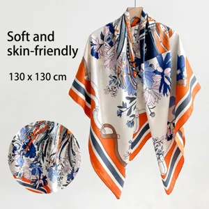 Large Retro Floral Horse Tack Printed Twill Satin Square Scarf For Women Elegant High-End Fashion Scarf Shawl Lightweight Accessory