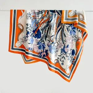 Vintage luxury floral and belt printed 130cm twill silk square scarf for elegant women