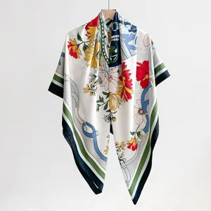 Elegant vintage floral silk-like square scarf with belt print, 130cm large shawl wrap.