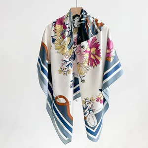 Elegant vintage floral printed silk square scarf with stylish strap patterns on wooden hanger
