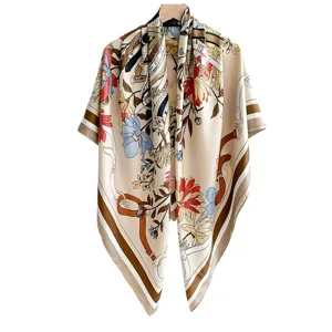 Retro floral and belt printed 130cm twill silk-like square scarf shawl for women in beige