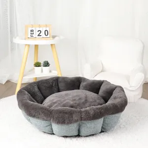 Cozy plush pet bed for cats and small dogs warm winter round tart nest soft sleeping pad gray