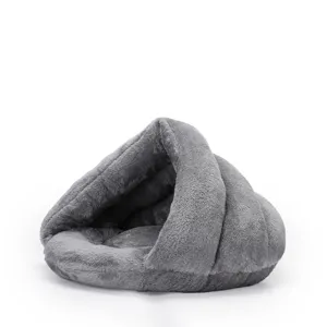 Grey plush semi-enclosed pet bed for cats and small dogs warm winter nest sleeping bed